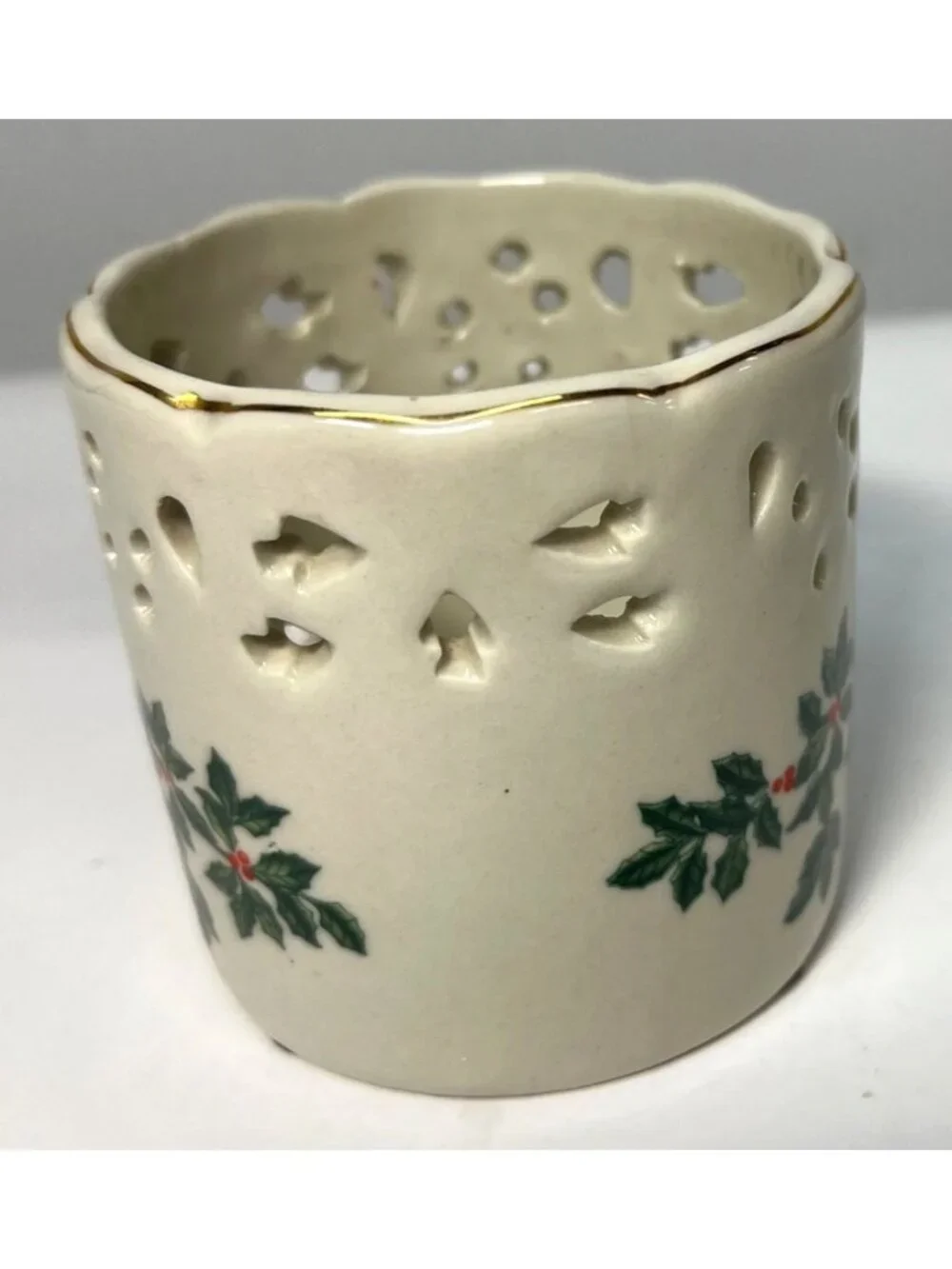 Vintage Christmas Holly Ceramic Votive Candle Holder Pierced Design 4